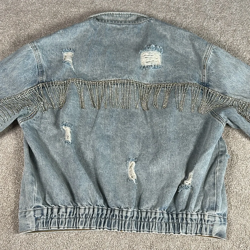 Distressed, rhinestone, fringe, jean jacket,‎ grunge, punk band rock